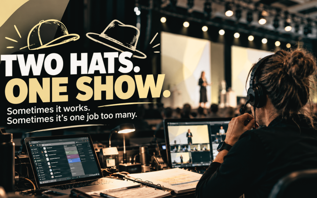 Live event show caller at a production control station with Two Hats. One Show graphic.